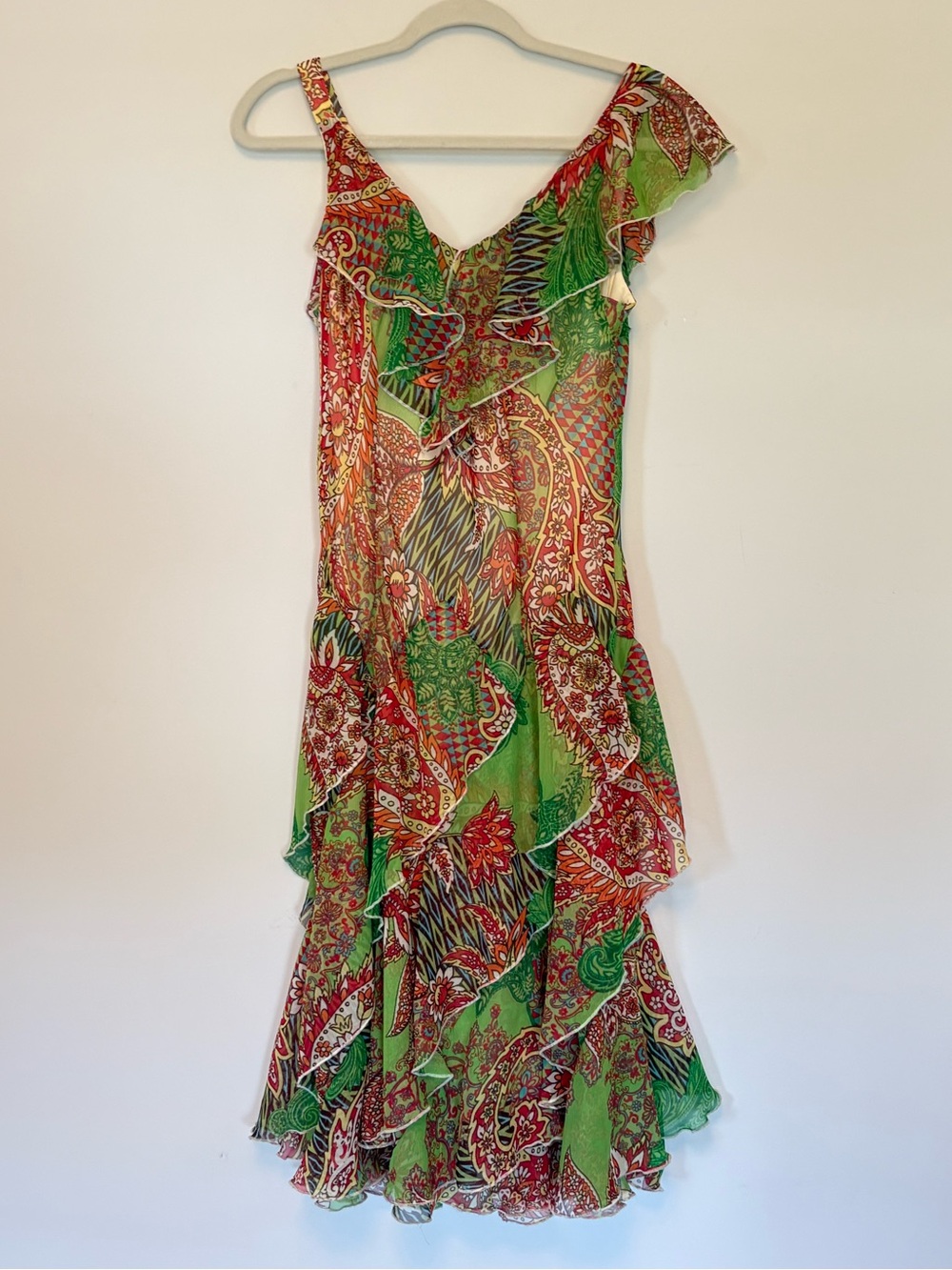 Signature by Robbie Bee Boho Ruffle Midi Dress Size 10 Green Paisley Floral